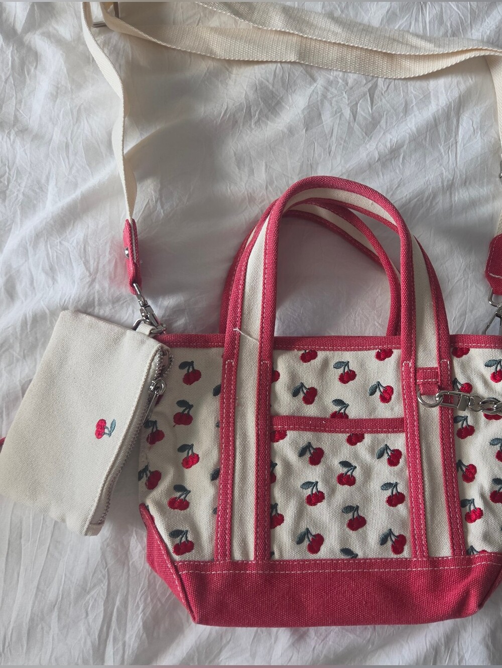 Madden Girl Cream and Pink Cherry-Print Canvas Tote with Removable Strap